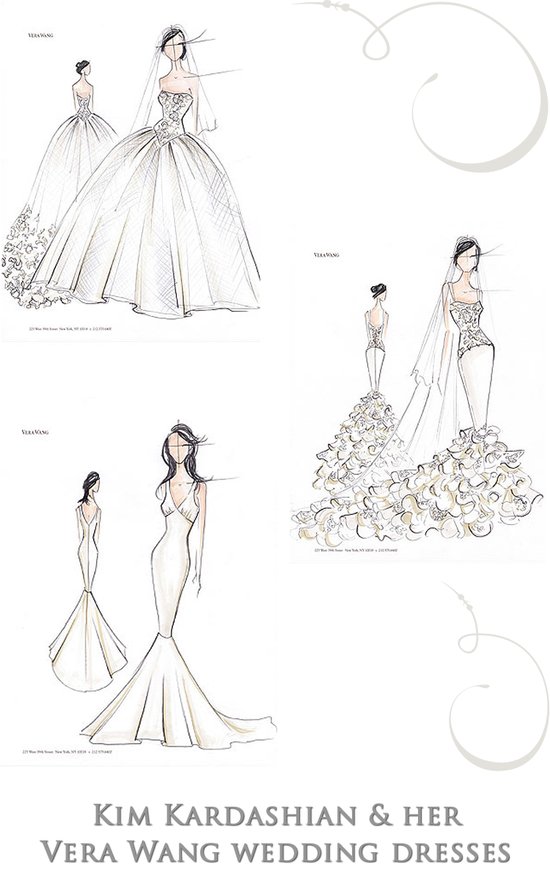 Sketches of Kim Kardashian's three wedding dresses by Vera Wang