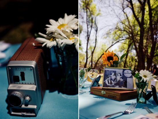 Retro themed outdoor wedding with antiques as wedding reception decor