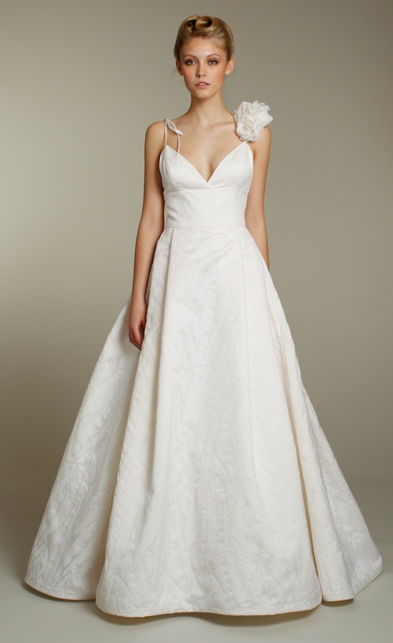 Classic ivory fall a-line spaghetti strap wedding dress with floral-embellished strap