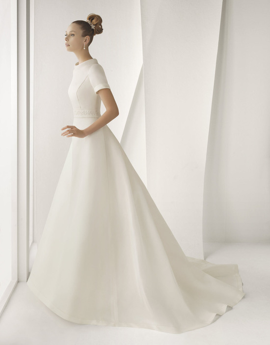 Modest ivory silk mikado Rosa Clara wedding dress with short sleeves and high bateau neck