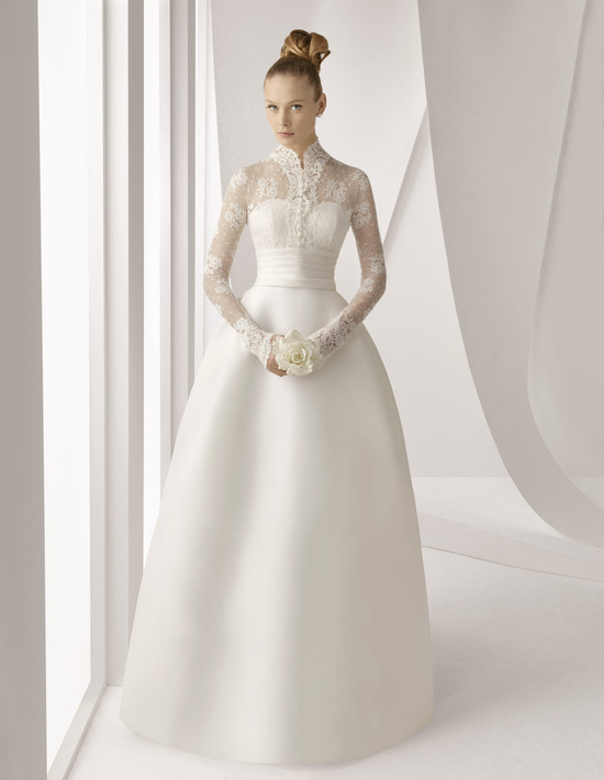 Spring 2012 Rosa Clara bridal gown with princess silhouette and long lace sleeves over sweetheart ne