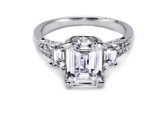 Emerald cut platinum and diamond Tacori engagement ring with side stones