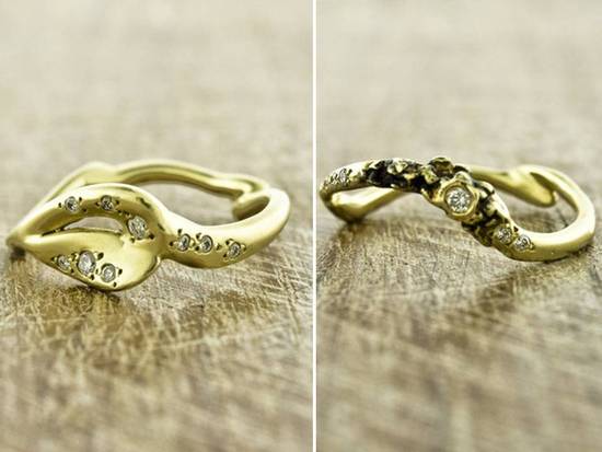 Recycled yellow gold handcrafted into unique, eco-friendly wedding bands and engagement ring