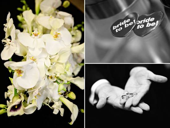 Cascading bridal bouquet of ivory orchids, groom holds wedding bands in open hands
