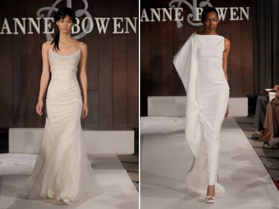 Modern white column wedding dress and romantic ivory scoop neck modified mermaid from Anne Bowen's S