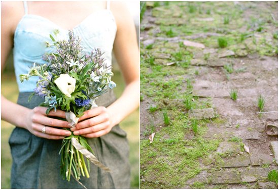 Chic denim wedding inspiration- bridesmaid wears casual dress holds wildflower bouquet