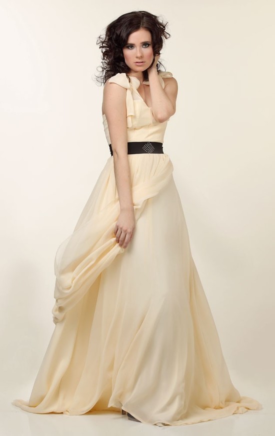Romantic creamy yellow chiffon a-line wedding dress with black sash