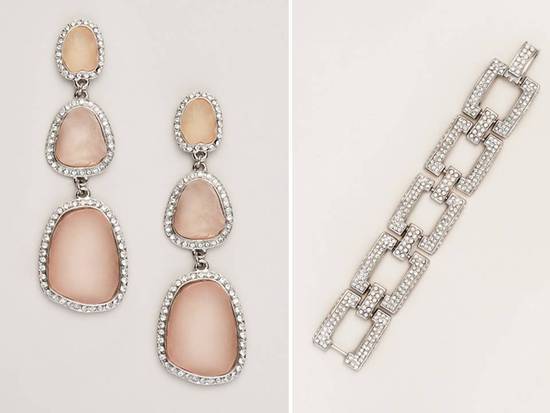 Romantic blush pink stone bridal earrings and wedding day bracelet