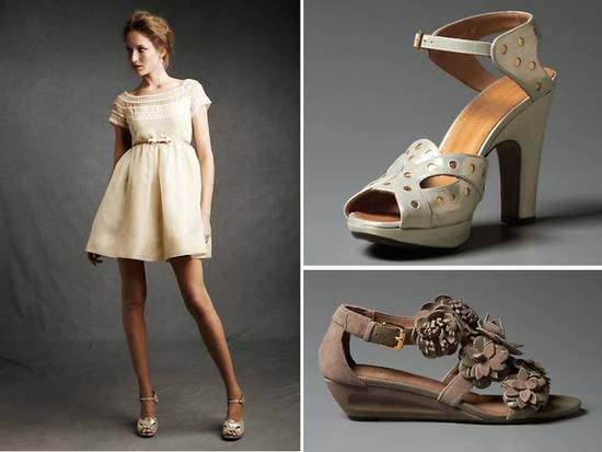 photo of Vintage chic short cocktail frock and platform wedding heels by BHLDN