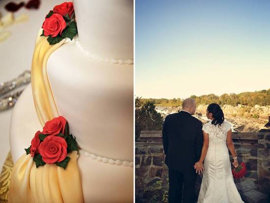 Ivory fondant three tier wedding cake adorned with red roses