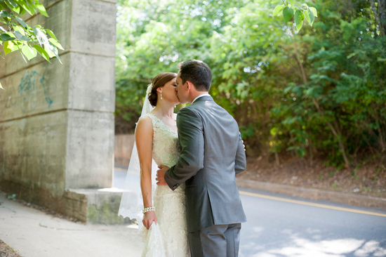 Urban wedding first look kiss