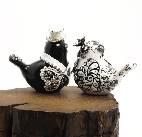 photo of Black and white love bird cake topper