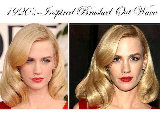 January Jones wears a 20's-inspired brushed out wave hairstyle to 2011 Golden Globes