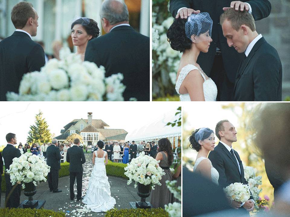 Outdoor-wedding-ceremony-white-bridal-bouquet-birdcage-veil.full