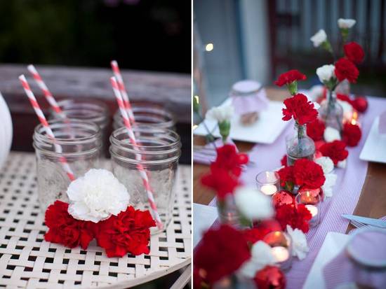 photo of Holiday Wedding Tablescape with Red and White Carnations