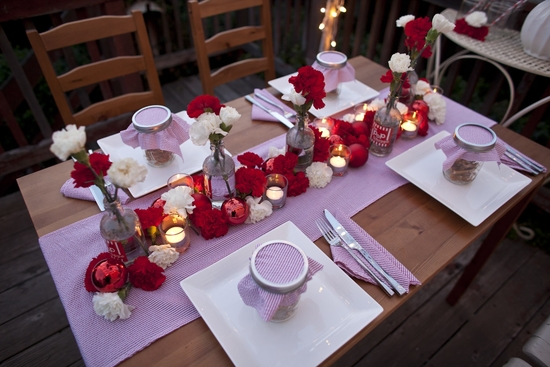 photo of Holiday Wedding Tablescape with Red and White Carnations