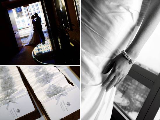 Chic white and black wedding programs; bride and groom kiss in front of city skyline