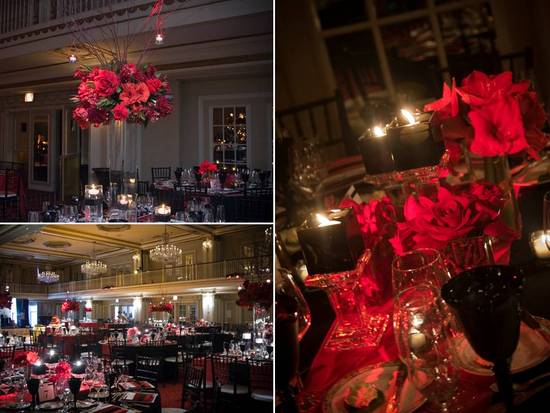 High crimson red reception table centerpieces and topiaries