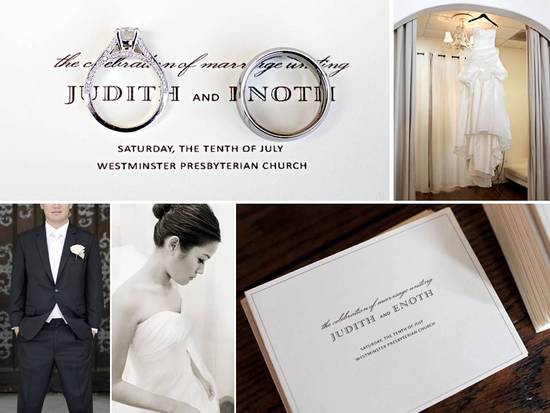 Diamond and platinum engagement ring photographed with groom's wedding band on wedding invitations