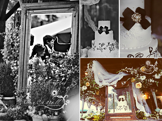 Classic white and black three-tier wedding cake with vintage charm