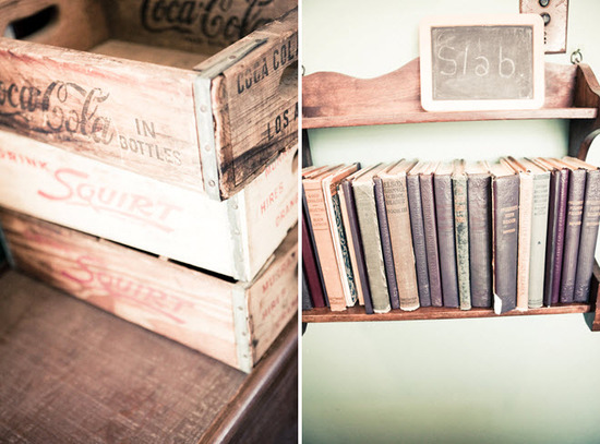 Antique soda pop crates, novels, and chalkboards were perfect details for this shabby chic wedding