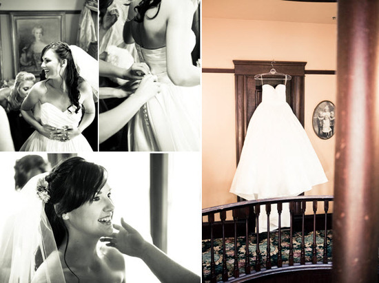 Bride's white ballgown wedding dress hangs on door; bridesmaids help beautiful bride get dressed to
