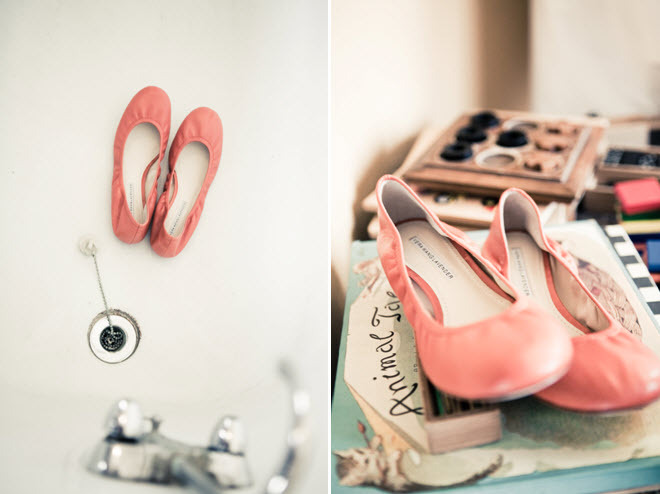 Bride's coral ballet flat bridal shoes