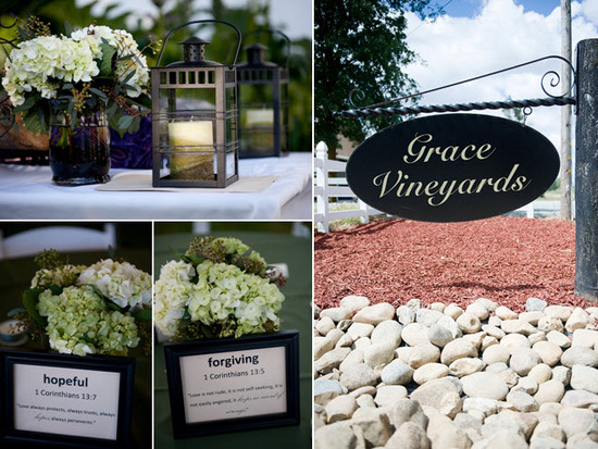 Spiritual-wedding reception table centerpieces with unique Scripture verses; ivory and green hydrang