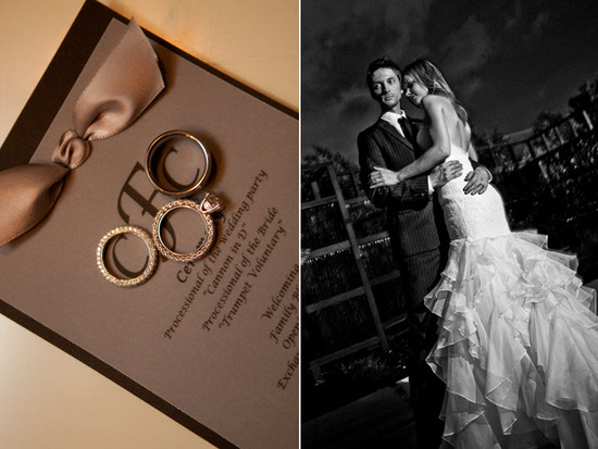 Chocolate brown, taupe modern wedding invitations with monogram, engagement ring on top