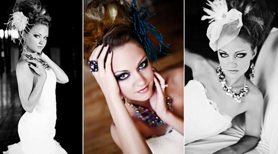 Edgy bride with strapless wedding dress, high bridal updo, poses for bridal shoot