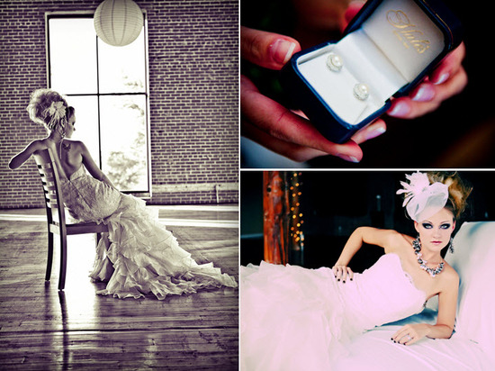 Bride in strapless wedding dress, high bridal updo, feather in hair, photographed from behind
