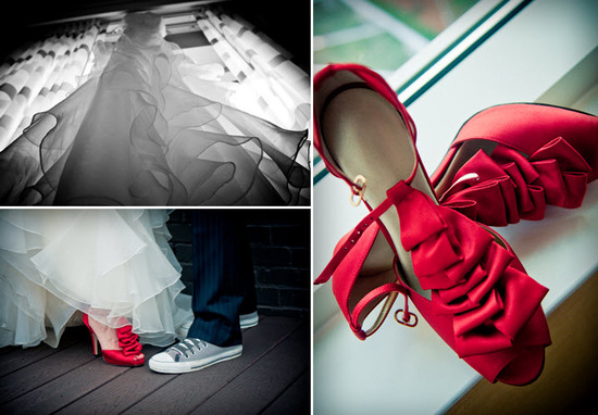 Hot red peep toe bridal heels with ruffle details; white wedding dress photographed from beneath