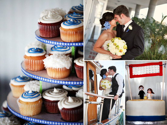Wedding reception cupcake tree with ivory, blue, lime green wedding color palette