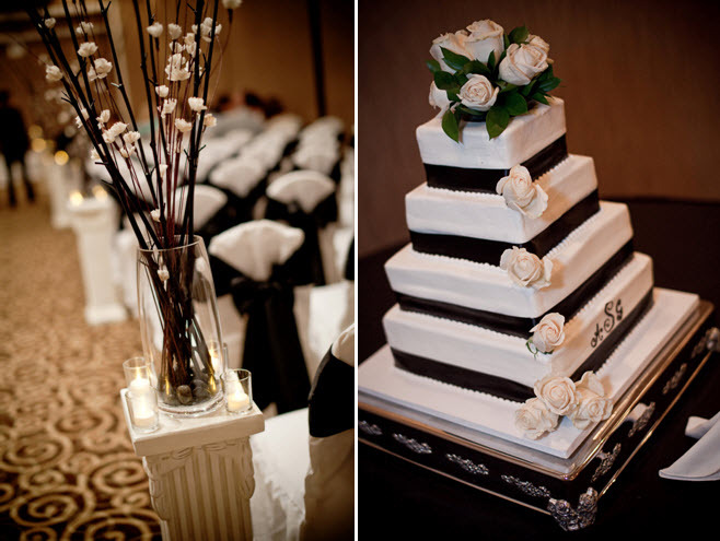 Simple-wedding-ceremony-decor-hurricane-vases-branches-white-flowers-classic-white-black-4-tier-wedding-cake-ivory-roses.full