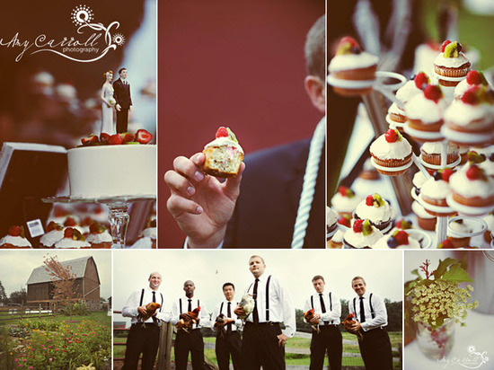 Delicious white wedding cake with bride and groom cake toppers; white and red wedding cupcakes