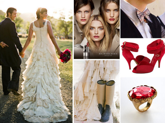 photo of Bride wears ivory tiered wedding dress, holds red bridal bouquet; red Moschino bridal shoes