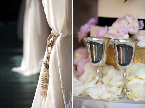 Engraved silver toasting chalice for wedding reception toast, ivory roses and blush pink peonies sca