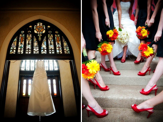 Traditional-white-wedding-dress-hangs-in-window-at-church-for-wedding-ceremony-bright-red-bridal-bridesmaids-shoes.full