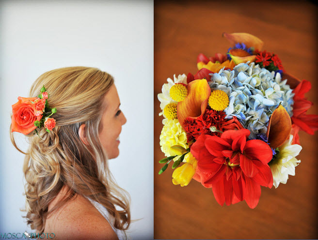 Bridal-updo-hairstyle-half-up-orange-flowers-in-hair-vibrant-colorful-bridal-bouquet-assorted-flowers.full
