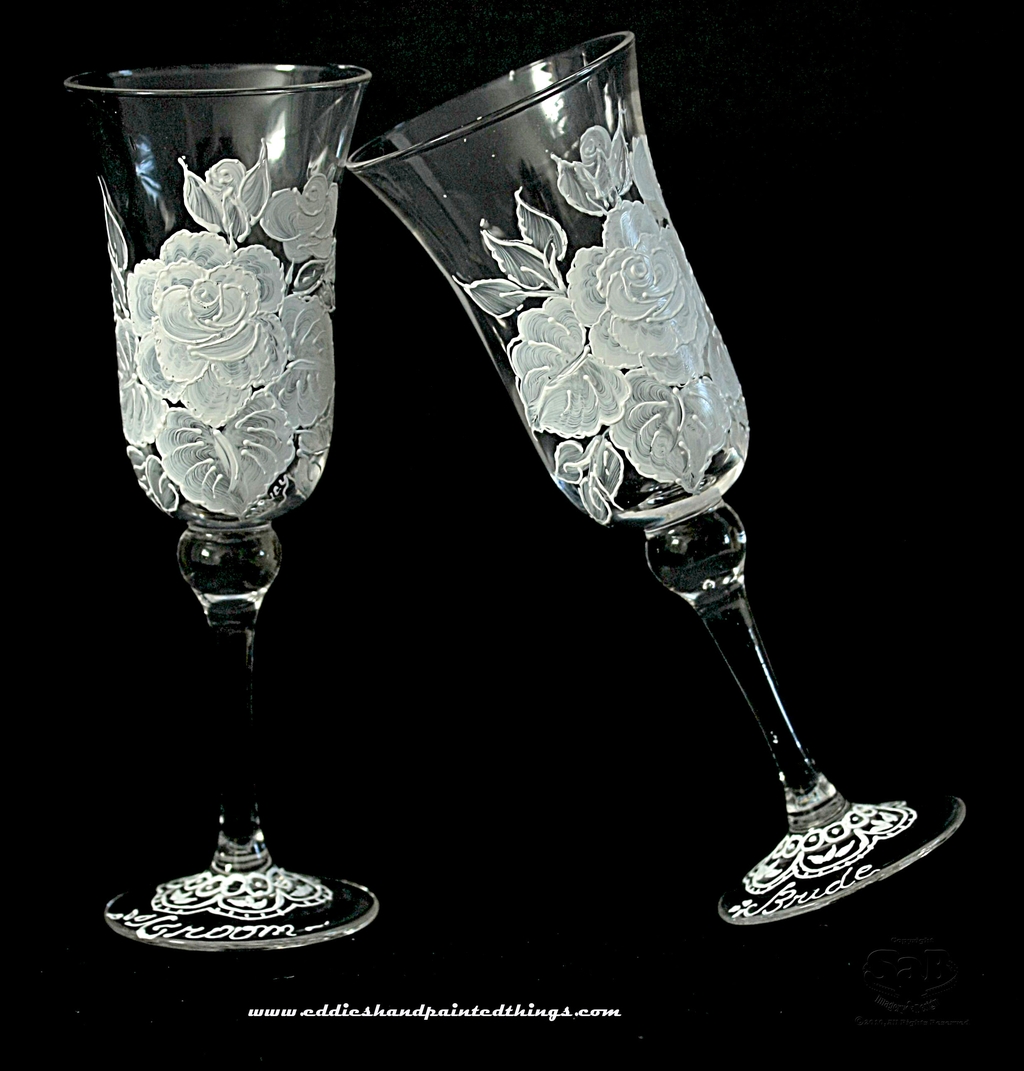Handpainted-champagne-toasting-flutes-clear-white-black-floral-rose-design.full