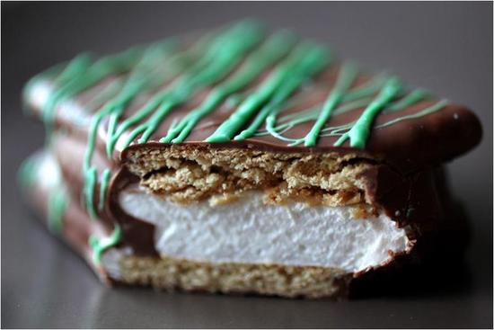 photo of Chocolate brown, white, green s'more wedding favors- chic and delicious!