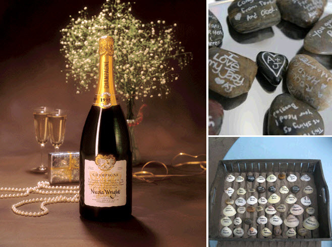 Get-creative-with-your-wedding-guest-book-magnum-champagne-bottle-river-rocks-seashells-signed-by-each-guest.full
