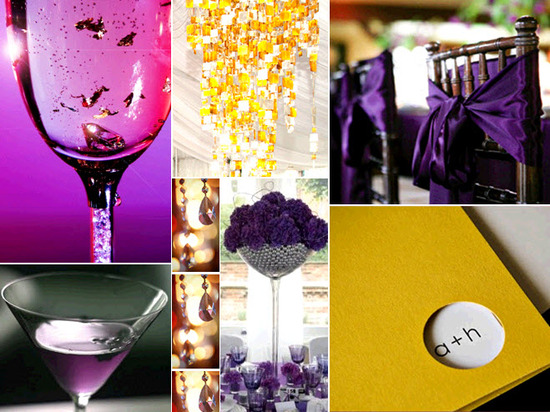 Wedding details, including purple cocktails and gold chandeliers, from this Lakers-inspired wedding