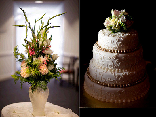 Gorgeous three tier ivory classic wedding cake; high floral centerpiece for wedding reception