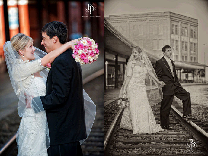 Happy-bride-in-ivory-strapless-wedding-dress-hugs-groom-in-black-tux-outside-on-train-tracks-ivory-pink-bridal-bouquet.full