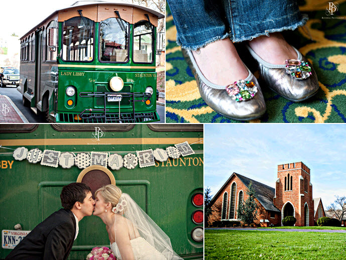 Wedding-party-arrive-in-style-in-green-trolley-bride-groom-kiss-in-front-of-just-married-sign.full