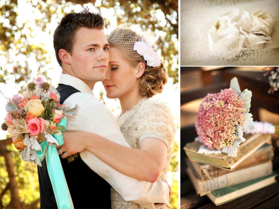 Vintage-chic bride holds he groom, and her stunning vibrant bridal bouquet