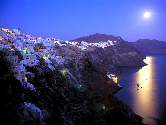 Moonrise over Santorini, Greece