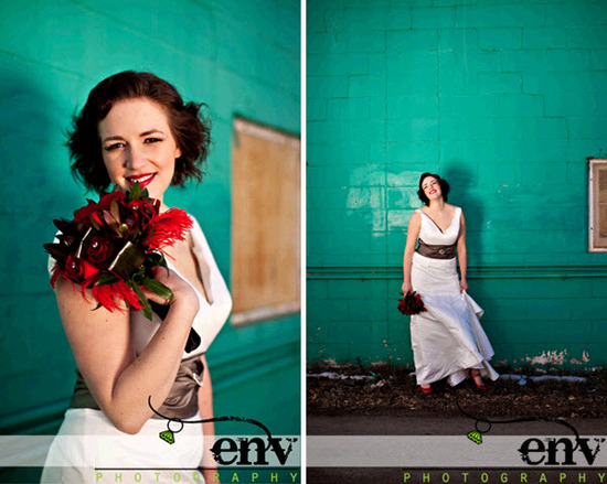 Teal urban backdrop makes retro bride in white wedding dress, red lips and red bridal shoes pop!