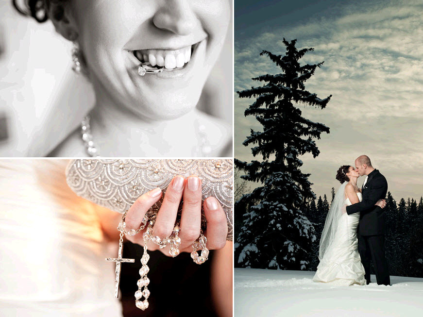 Bride-holds-diamond-engagement-ring-in-teeth-holds-crystal-rosary-bride-groom-kiss-outside-snow-covered-ground-trees-romantic.full